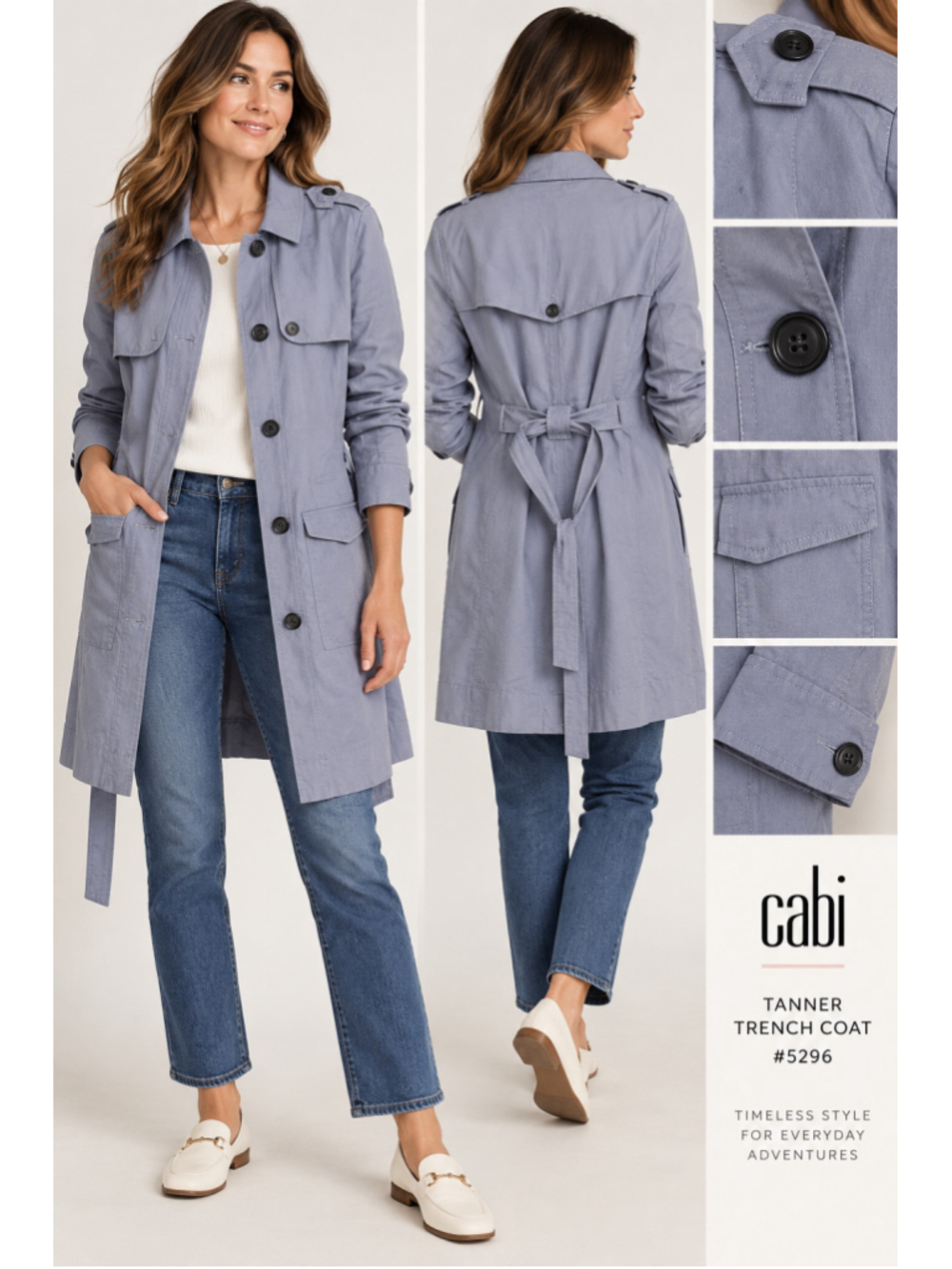 CAbi Tanner Trench Coat M Silver Lake Linen Cotton Belted Blue Gray #5296